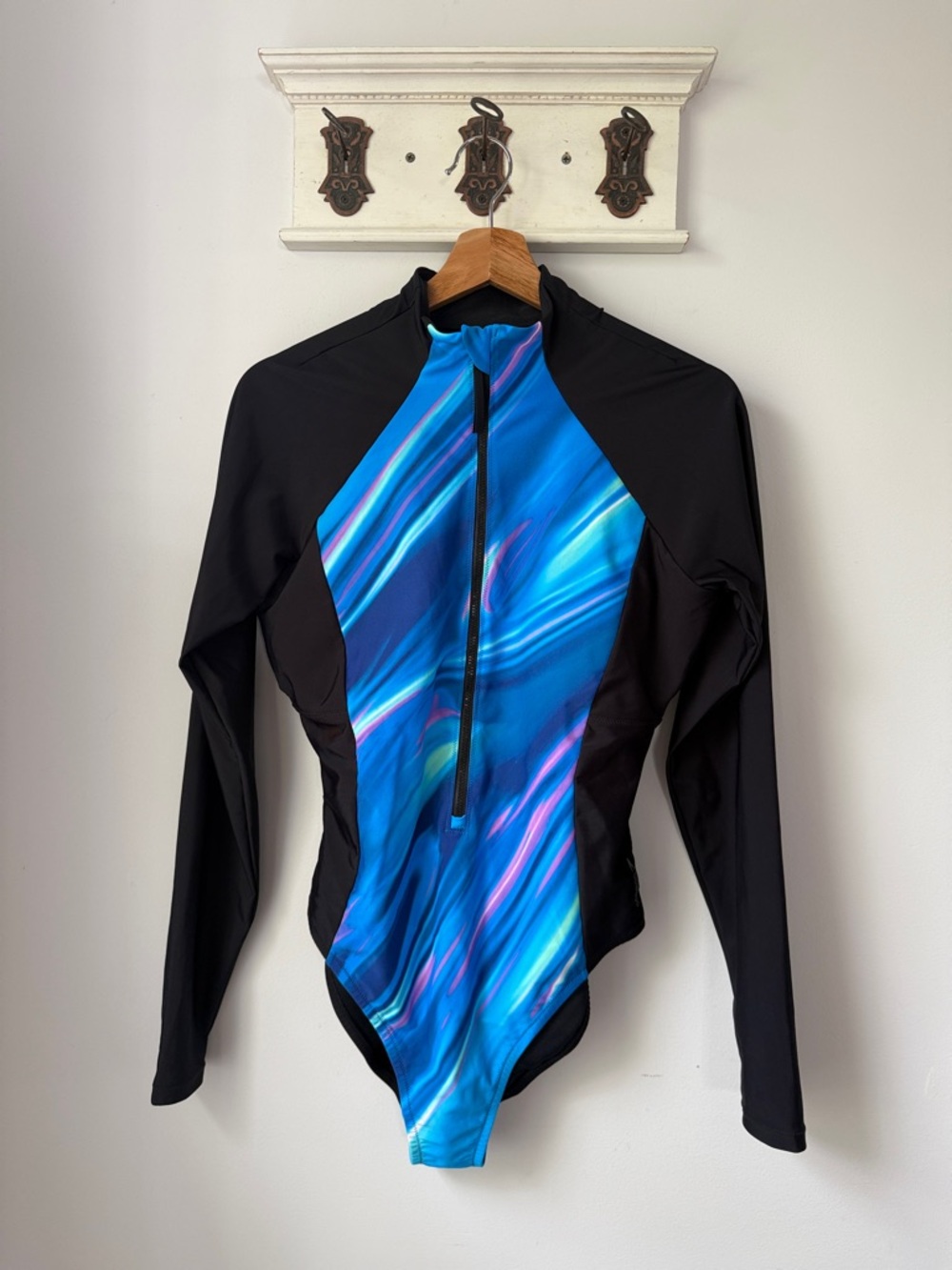 Speedo Black One-Piece with Blue and Teal Abstract Front Long Sleeve Athletic